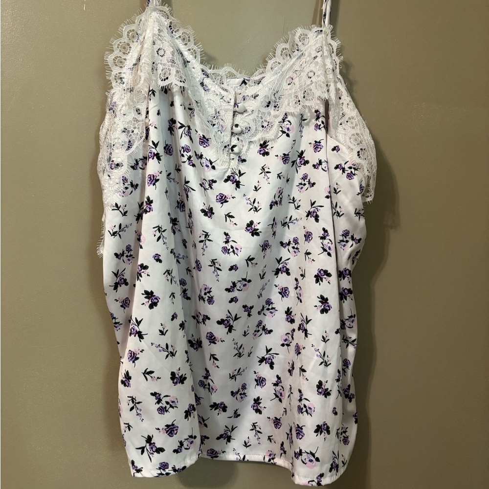 No Boundaries White and Purple Floral Lace Trim Blouse